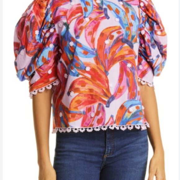 Farm Rio Colored Bananas Puff Sleeve Blouse Size L - Picture 2 of 4